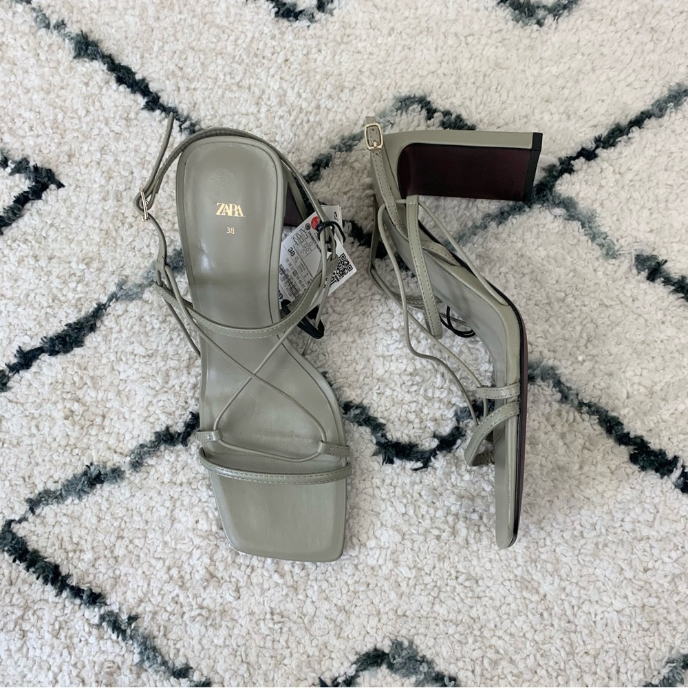 NWT Zara Grey-Green Khaki Neutral Strappy Heels